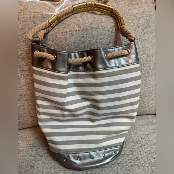 DISNEY MICKEY MOUSE CANVAS SILVER & CREAM RHINESTONE ROPED STRAP TOTE BUCKET BAG - Picture 6 of 13